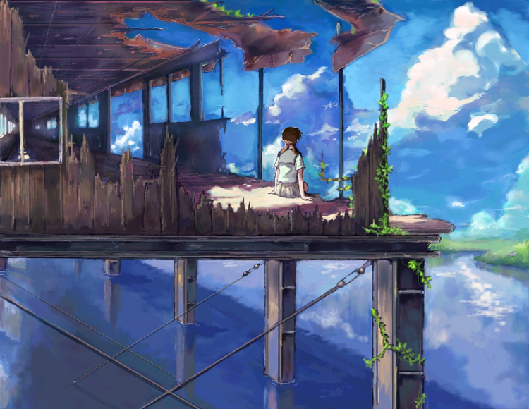 1girl abandoned arm_support bangs blue_sky brown_hair clouds cloudy_sky collaboration commentary_request cumulonimbus_cloud day dilapidated facing_away foot_dangle foreshortening from_behind grass grey_sailor_collar grey_skirt i-beam immersed kumo_no_mukou_yakusoku_no_basho looking_away on_floor outdoors overgrown pisuke pleated_skirt reflection ruins rust sailor_collar sailor_shirt sawatari_sayuri scenery shirt short_sleeves sitting skirt sky solo steel_beam train_station_platform twintails water white_shirt window_frame wood wooden_wall