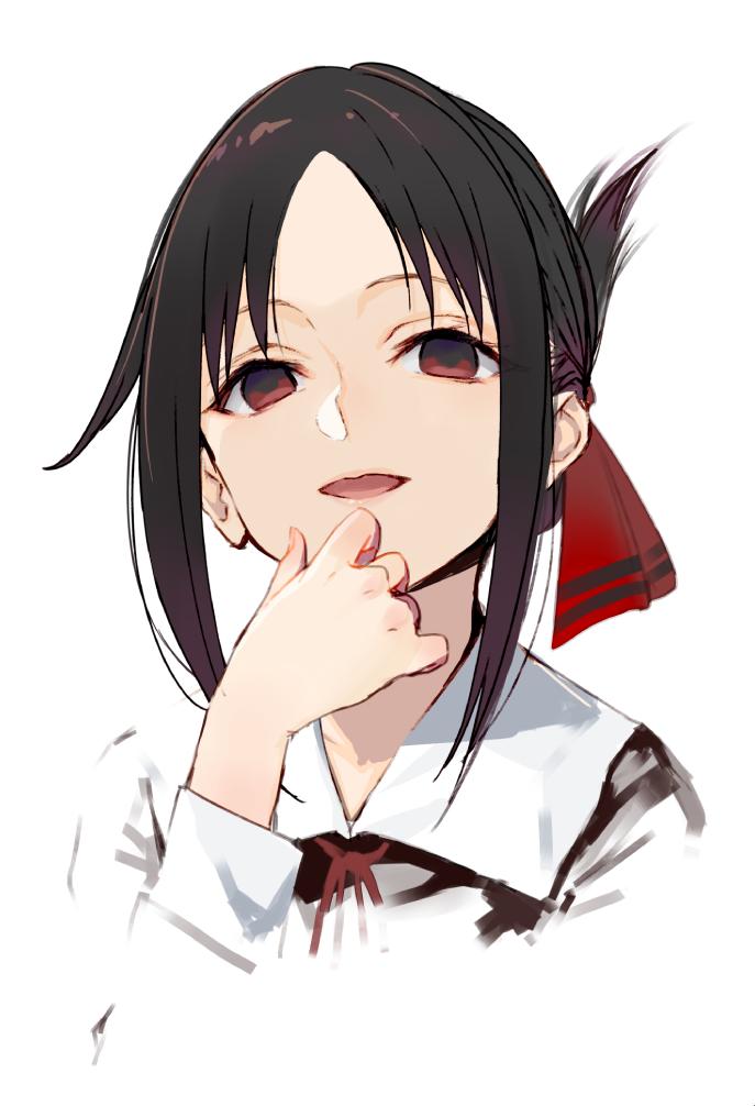 1girl black_hair bow evil_eyes evil_smile folded_ponytail hair_bow hand_up kaguya-sama_wa_kokurasetai_~tensai-tachi_no_renai_zunousen~ long_sleeves looking_at_viewer neck_ribbon red_bow red_eyes red_neckwear red_ribbon ribbon shinomiya_kaguya shirabi simple_background smile solo upper_body white_background