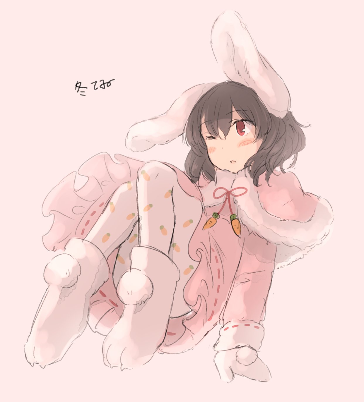 1girl animal_ears black_hair blush_stickers capelet carrot_print dress eyebrows_visible_through_hair food_print full_body fur-trimmed_capelet fur-trimmed_dress fur_trim grey_background highres inaba_tewi inazakura00 long_sleeves mittens neck_ribbon one_eye_closed pantyhose parted_lips paw_boots pink_capelet pink_dress pom_pom_(clothes) rabbit_ears red_eyes red_ribbon ribbon short_hair simple_background solo touhou translation_request white_footwear white_legwear