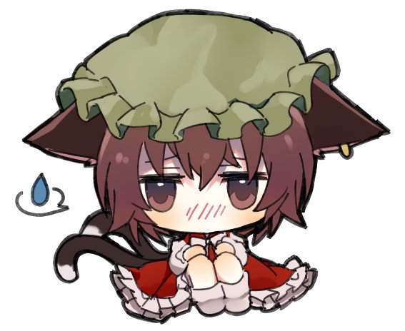 1girl animal_ears bangs blush bow bowtie brown_eyes brown_hair cat_ears cat_girl cat_tail chen chibi commentary_request dress earrings full_body green_headwear hair_between_eyes hat jewelry kawaii_rowa knees_up long_sleeves looking_at_viewer mob_cap multiple_tails no_bra nose_blush pleated_dress red_dress short_hair simple_background sitting solo spoken_sweatdrop sweatdrop tail touhou two_tails white_background white_bow white_legwear white_neckwear white_sleeves