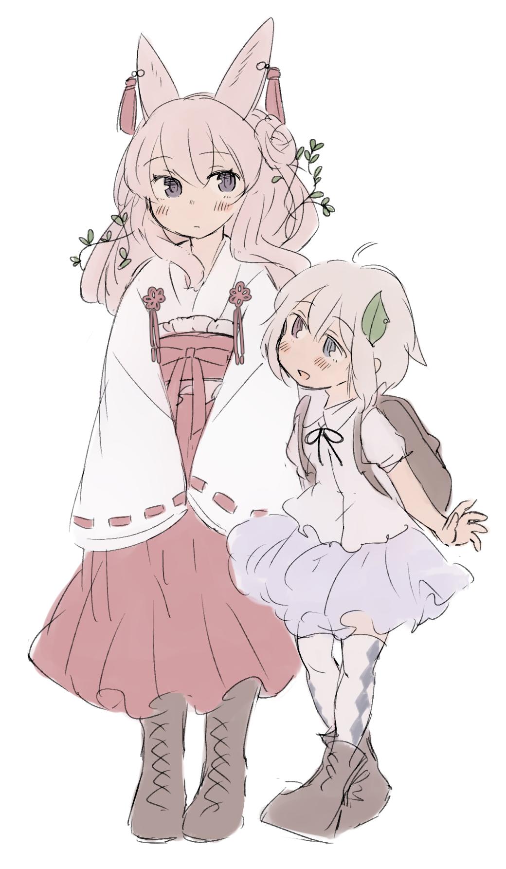 2girls :d ahoge animal_ears argyle argyle_legwear backpack bag black_neckwear black_ribbon blue_eyes blush boots brown_footwear closed_mouth cross-laced_footwear double_bun earrings grey_hair hair_bun hakama heterochromia highres inazakura00 japanese_clothes jewelry leaf leaf_on_head long_sleeves miko multiple_girls neck_ribbon obi open_mouth original pink_hair purple_skirt rabbit_ears red_eyes red_hakama red_sash ribbon sash shirt short_hair short_sleeves side_bun skirt sleeves_past_wrists smile standing thigh-highs white_shirt