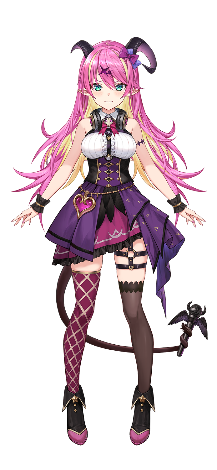 1girl aqua_eyes asymmetrical_legwear bangs blonde_hair blush breasts closed_mouth demon_horns demon_tail full_body garter_straps guchico hair_between_eyes hair_ornament hairclip highres holding holding_microphone hololive horns large_breasts mano_aloe microphone mismatched_legwear multicolored_hair official_art pink_hair pointy_ears purple_skirt shirt skirt sleeveless smile solo tachi-e tail transparent_background two-tone_hair virtual_youtuber white_shirt