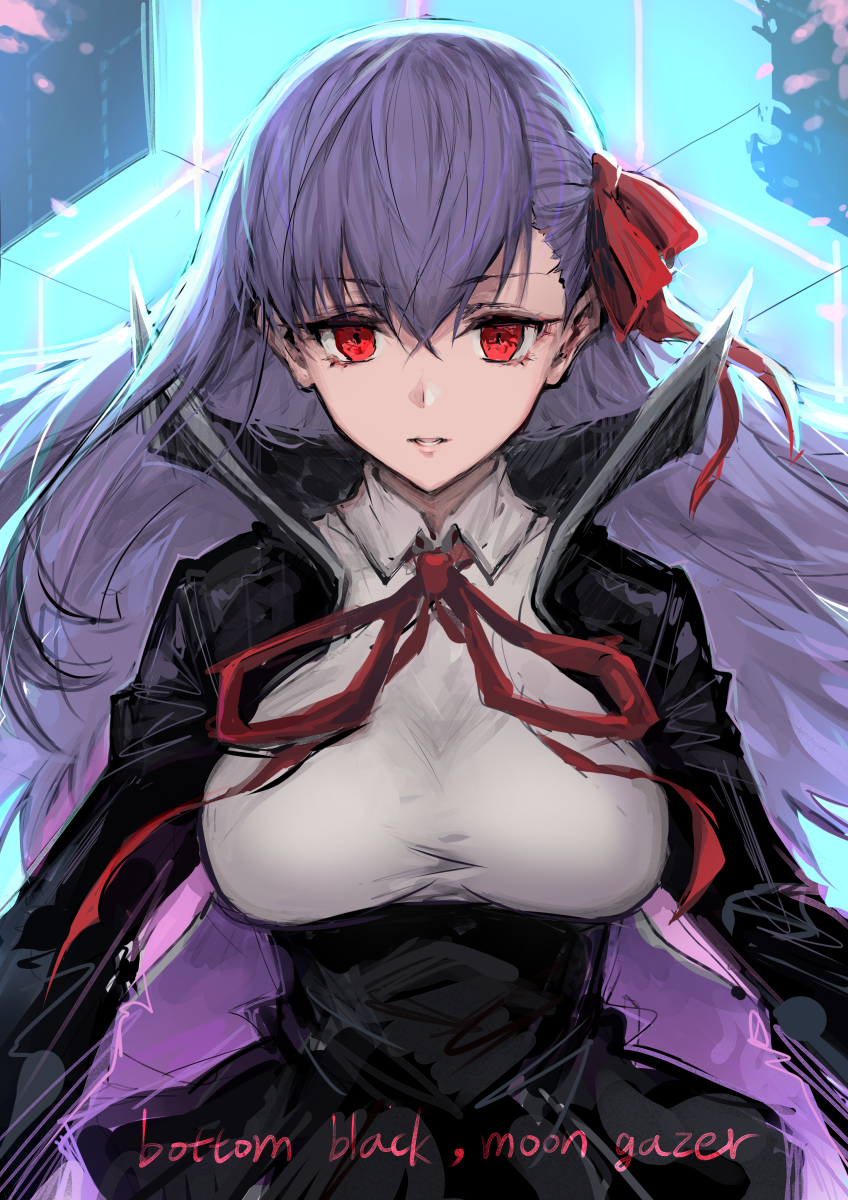 1girl bangs bb_(fate)_(all) bb_(fate/extra_ccc) black_coat black_skirt breasts coat fate/extra fate/extra_ccc fate_(series) hair_ribbon haoni high-waist_skirt highres large_breasts leotard long_hair long_sleeves looking_at_viewer neck_ribbon open_clothes open_coat parted_lips popped_collar purple_hair red_eyes red_ribbon ribbon skirt very_long_hair white_leotard wide_sleeves