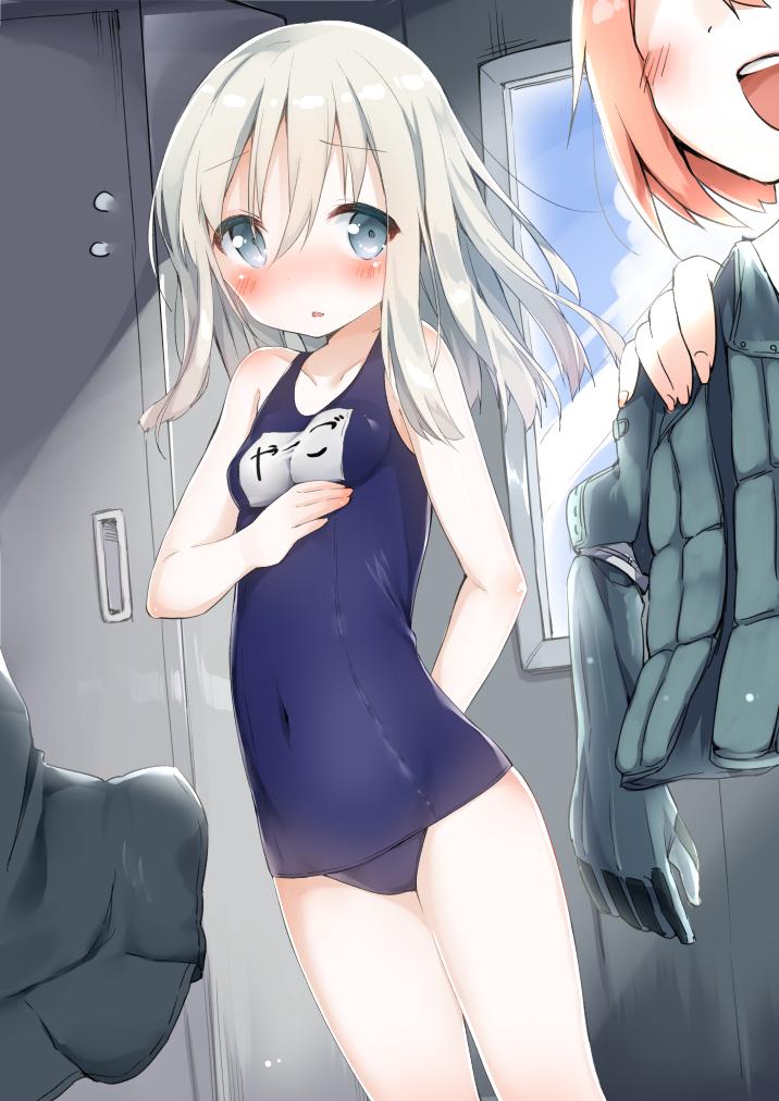 2girls bangs bare_shoulders blue_eyes blue_swimsuit blush breasts collarbone commentary_request covered_navel cropped_jacket eyebrows_visible_through_hair flying_sweatdrops hair_between_eyes i-58_(kantai_collection) indoors kantai_collection locker locker_room long_hair multiple_girls name_tag old_school_swimsuit one-piece_swimsuit open_mouth pink_hair school_swimsuit silver_hair small_breasts swimsuit tousaki_shiina u-511_(kantai_collection) window