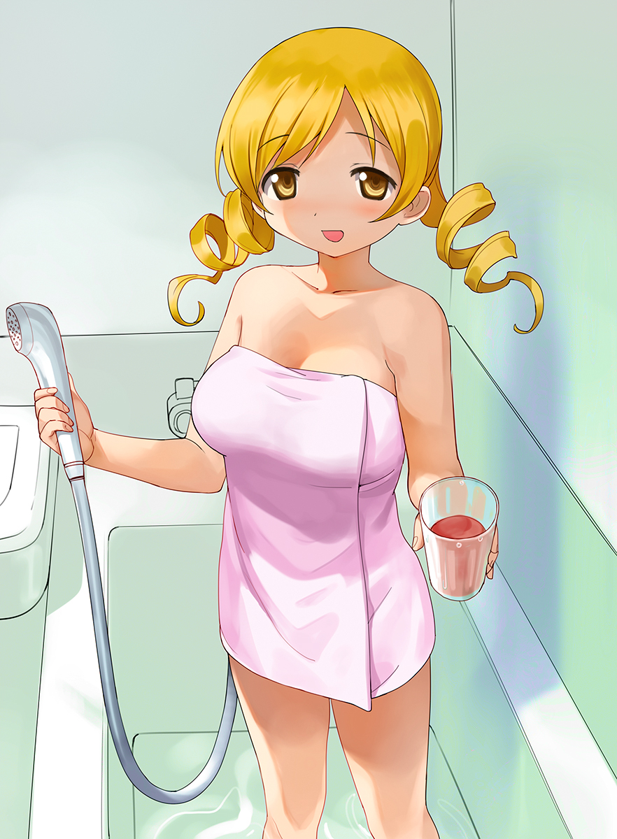 1girl a1 bangs bathroom bathtub blonde_hair blush breasts collarbone cup dot_nose drill_hair eyebrows_visible_through_hair foreshortening highres holding holding_cup holding_shower_head indoors large_breasts long_hair looking_at_viewer mahou_shoujo_madoka_magica naked_towel open_mouth parted_bangs pink_towel raised_eyebrows shower_head smile solo standing thighs tomoe_mami towel yellow_eyes