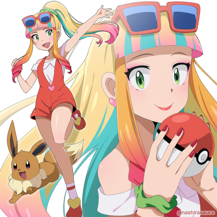 1girl :d arm_up bangs blonde_hair blunt_bangs blush closed_mouth commentary earrings eevee eyewear_on_head gen_1_pokemon gradient_hair green_eyes green_scrunchie holding holding_poke_ball jewelry leg_up lipstick long_hair looking_at_viewer makeup mascara multicolored_hair multiple_views nashirasauce open_mouth orange_footwear overall_shorts poke_ball poke_ball_(basic) pokemon pokemon_(anime) pokemon_(creature) pokemon_m21 red-framed_eyewear red_lipstick risa_(pokemon) scrunchie shirt shoes smile socks standing standing_on_one_leg sunglasses twitter_username white_legwear white_shirt wrist_scrunchie