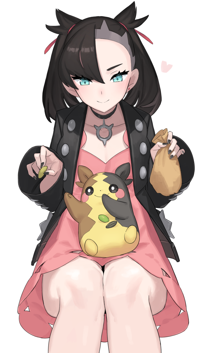 1girl aqua_eyes asymmetrical_bangs bangs black_choker black_hair black_jacket black_nails choker chorefuji closed_mouth collarbone dress gen_8_pokemon hair_ribbon heart highres jacket legs looking_at_another mary_(pokemon) morpeko morpeko_(full) nail_polish pink_dress pokemon pokemon_(creature) pokemon_(game) pokemon_swsh red_ribbon ribbon short_hair simple_background sitting smile twintails undercut white_background