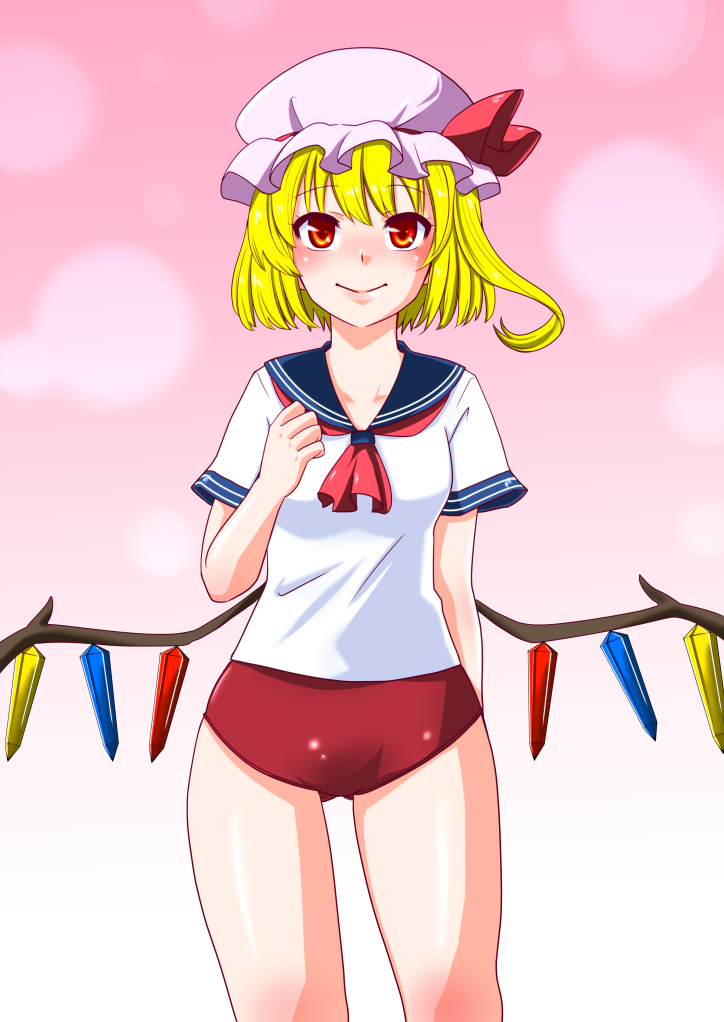 1girl blonde_hair blush breasts buruma closed_mouth eyebrows_visible_through_hair flandre_scarlet hat looking_at_viewer pink_background red_buruma red_eyes shiny shiny_hair shiny_skin shiraue_yuu shirt short_hair simple_background small_breasts solo standing touhou white_shirt wings