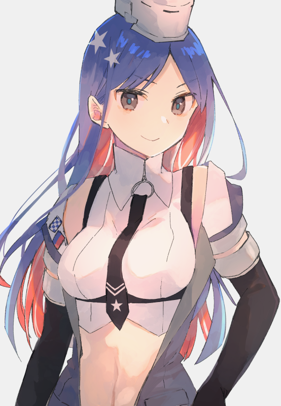 1girl 8ne_(nitika127) black_neckwear blue_hair breasts closed_mouth eyebrows_visible_through_hair grey_background grey_eyes kantai_collection large_breasts long_hair multicolored_hair necktie redhead shirt simple_background smile solo south_dakota_(kantai_collection) star_(symbol) star_print upper_body white_hair white_shirt