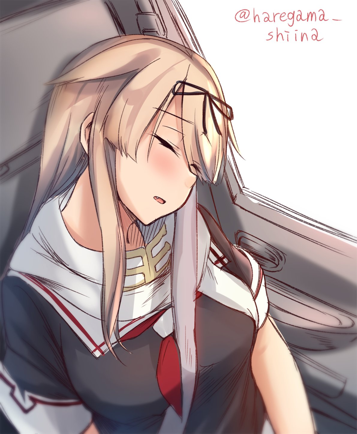 1girl black_ribbon blonde_hair car_interior hair_flaps hair_ribbon haregama_shiina highres kantai_collection long_hair red_eyes remodel_(kantai_collection) ribbon sitting sleeping solo twitter_username yuudachi_(kantai_collection)