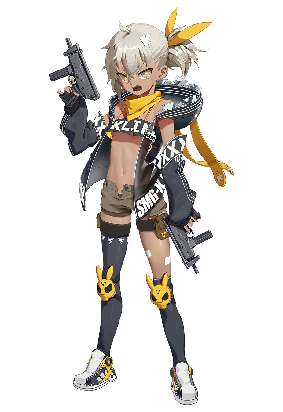 1girl :o animal_hood bandana bandeau black_legwear breasts bright_pupils bunny_hood crop_top dark_skin detached_sleeves full_body girls_frontline green_eyes grey_hair gun hair_between_eyes hair_ornament highres hood hoodie klin_(girls_frontline) knee_pads midriff navel official_art open_fly pp-91_kedr revealing_clothes shoes short_shorts short_sidetail shorts single_over-kneehigh single_thighhigh sleeveless sleeveless_jacket sleeves_past_wrists small_breasts sneakers solo spaghetti_strap standing submachine_gun thigh-highs thigh_strap transparent_background trigger_discipline under_boob v-shaped_eyebrows waterkuma weapon white_pupils