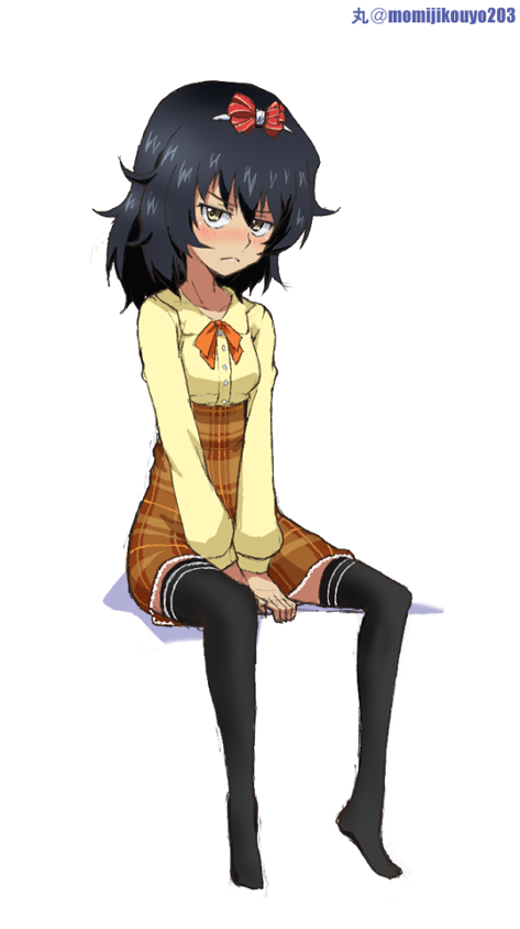 1girl andou_(girls_und_panzer) artist_name bangs black_hair black_legwear blush bow brown_eyes brown_skirt casual closed_mouth collared_shirt commentary dark_skin double_horizontal_stripe frown girls_und_panzer hair_bow hair_ribbon half-closed_eyes high-waist_skirt kayabakoro long_sleeves looking_at_viewer medium_hair messy_hair miniskirt neck_ribbon no_shoes orange_neckwear plaid plaid_skirt red_bow ribbon shirt simple_background sitting skirt solo thigh-highs twitter_username v_arms white_background white_ribbon wing_collar yellow_shirt