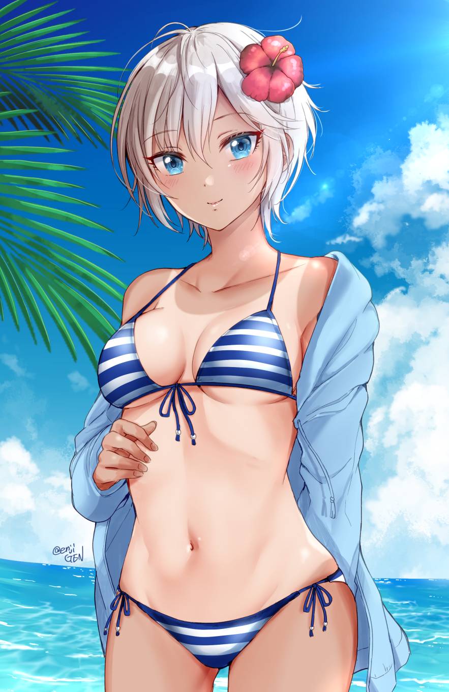 1girl anastasia_(idolmaster) arm_behind_back bangs bikini bikini_under_clothes blue_bikini blue_eyes blue_jacket blue_sky blush breasts closed_mouth clouds collarbone commentary_request cowboy_shot dark_skin day eyebrows_visible_through_hair flower front-tie_bikini front-tie_top gen_(enji) groin hair_between_eyes hair_flower hair_ornament halter_top halterneck hand_up hibiscus highres horizon idolmaster idolmaster_cinderella_girls jacket lens_flare long_sleeves looking_at_viewer medium_breasts navel ocean off_shoulder one-piece_tan open_clothes open_jacket outdoors palm_leaf red_flower short_hair side-tie_bikini silver_hair single_bare_shoulder sky smile solo standing stomach string_bikini striped striped_bikini sunlight swimsuit tan tanline twitter_username under_boob water