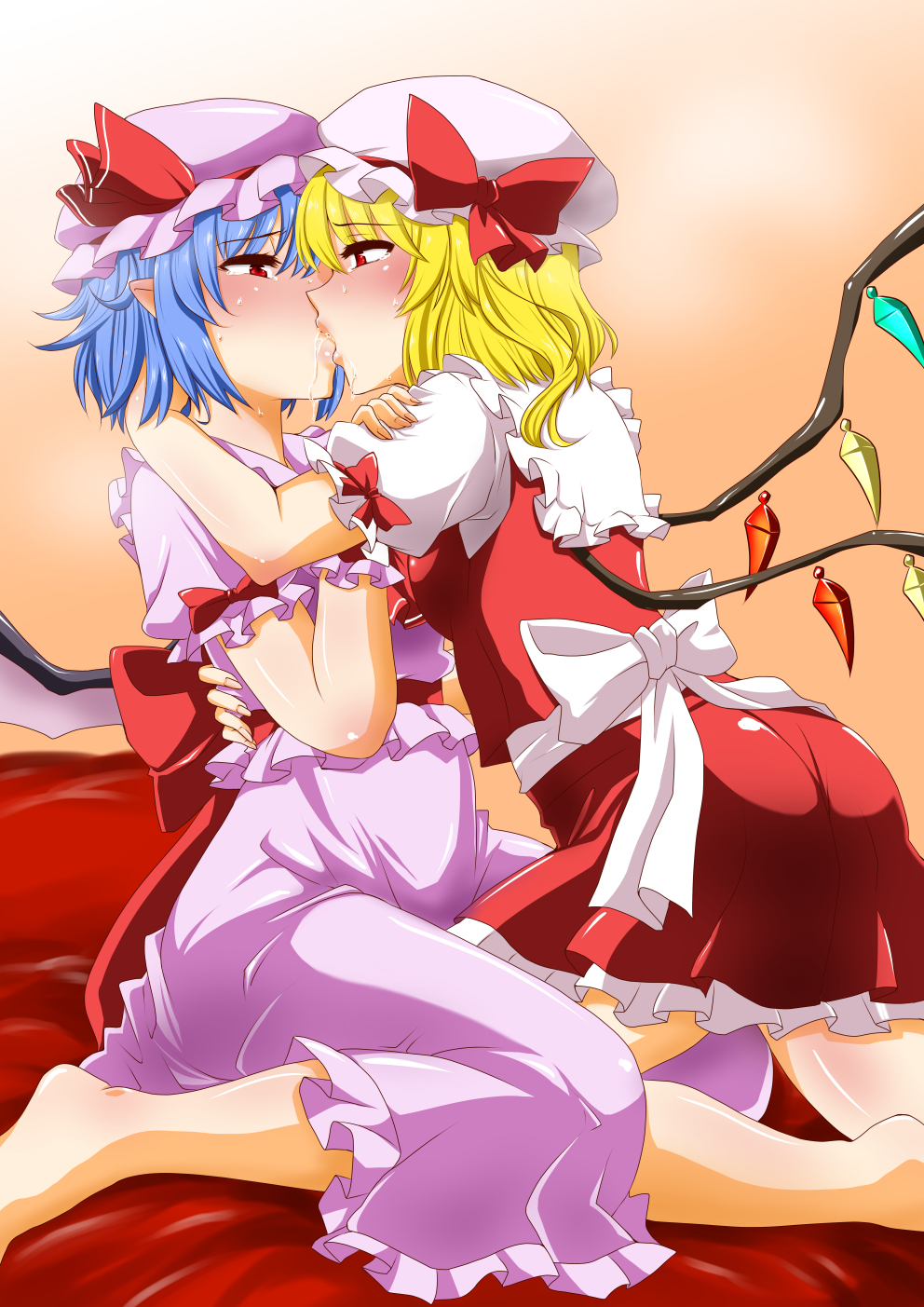 2girls ass bat_wings blonde_hair blush breasts commentary_request dress eyebrows_visible_through_hair flandre_scarlet frilled_dress frilled_hat frills hat highres hug kiss looking_at_another multiple_girls purple_hair red_dress red_eyes remilia_scarlet saliva shiny shiny_hair shiraue_yuu short_hair small_breasts sweat touhou wings yuri