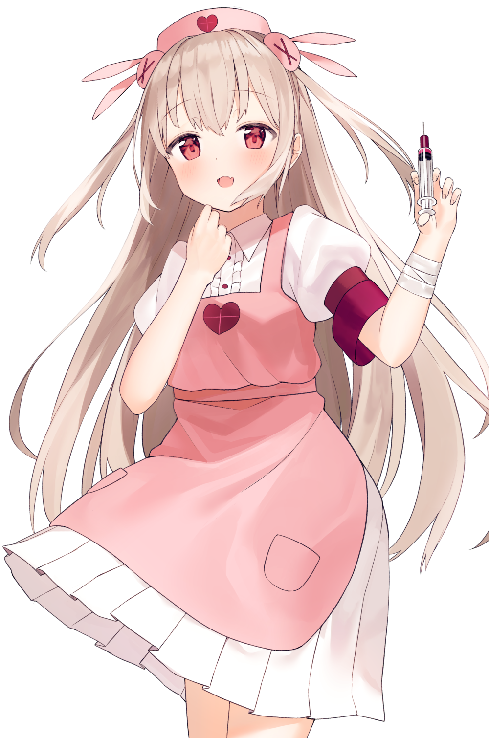1girl :d apron armband bandaged_arm bandages bangs blush brown_hair bunny_hair_ornament center_frills commentary_request eyebrows_visible_through_hair fang frills hair_between_eyes hair_ornament hands_up hat heart highres holding holding_syringe idemitsu long_hair looking_at_viewer natori_sana nurse nurse_cap open_mouth pink_apron pink_headwear pleated_skirt puffy_short_sleeves puffy_sleeves red_eyes sana_channel shirt short_sleeves simple_background skirt smile solo standing syringe two_side_up very_long_hair virtual_youtuber white_background white_shirt white_skirt