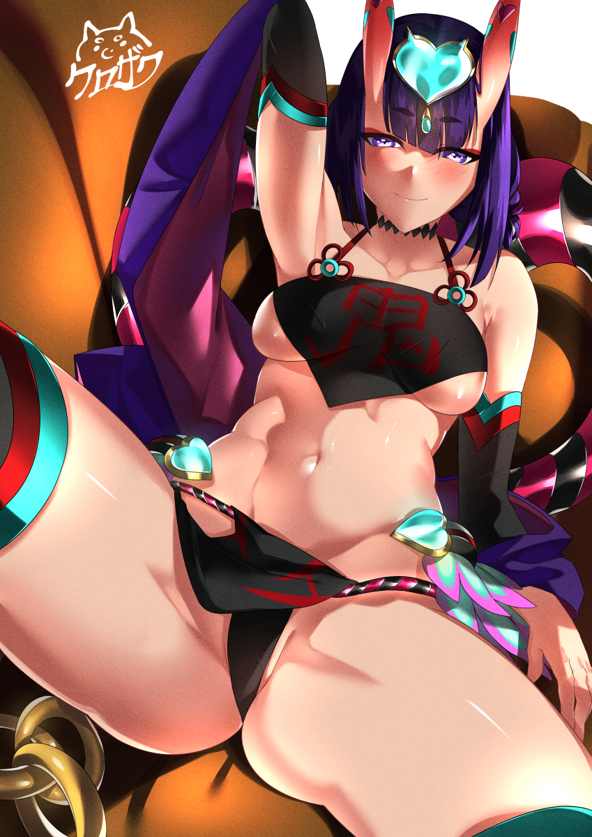 1girl arm_up armpits ass bangs bare_shoulders black_fundoshi blush breasts chinese_clothes choker closed_mouth collarbone detached_sleeves dudou eyeliner fate/grand_order fate_(series) forehead_jewel fundoshi highres horns japanese_clothes kurosawa_rui_(hjkl42332) looking_at_viewer low_twintails makeup navel oni oni_horns purple_hair short_eyebrows short_hair short_twintails shuten_douji_(fate/grand_order) shuten_douji_(halloween_caster)_(fate) skin-covered_horns small_breasts smile thighs twintails violet_eyes