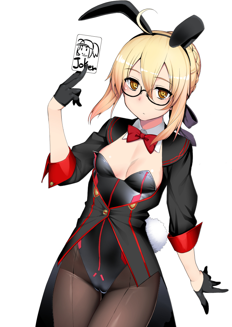 1girl ahoge animal_ears artoria_pendragon_(all) bangs blonde_hair blush bow bowtie braid breasts bunnysuit card commentary_request detached_collar fate/grand_order fate_(series) glasses hair_between_eyes holding jacket joker looking_at_viewer mysterious_heroine_x_(alter) namonashi playing_card rabbit_ears semi-rimless_eyewear small_breasts solo yellow_eyes