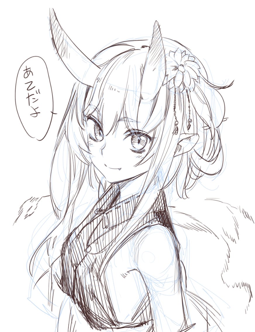 1girl bare_shoulders breasts brown_theme closed_mouth fang fang_out flower hair_flower hair_ornament horns kawakami_rokkaku long_hair looking_at_viewer oni_horns original simple_background sketch small_breasts smile solo translation_request upper_body white_background