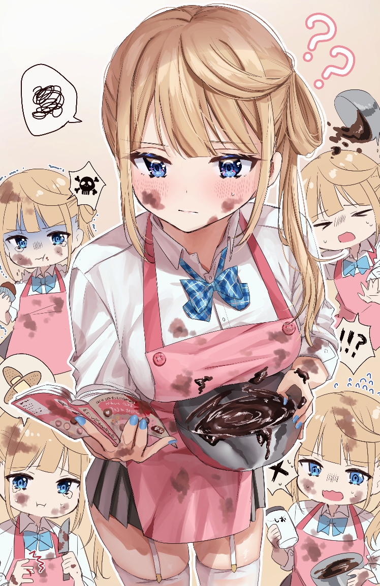 !!? 1girl ?? apron bangs blonde_hair blue_eyes blush breasts chigusa_minori chocolate_making clumsy garter_straps large_breasts long_sleeves looking_at_viewer messy multiple_views nail_polish original pleated_skirt school_uniform skirt skull_and_crossbones squiggle thigh-highs valentine