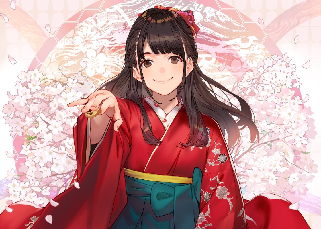 1girl bow brown_hair cherry_blossoms closed_mouth eyebrows_visible_through_hair green_hakama hair_bow hakama hand_up japanese_clothes kagawa_manao kimono long_sleeves looking_at_viewer real_life red_kimono shirabi shougi_piece smile solo upper_body wide_sleeves