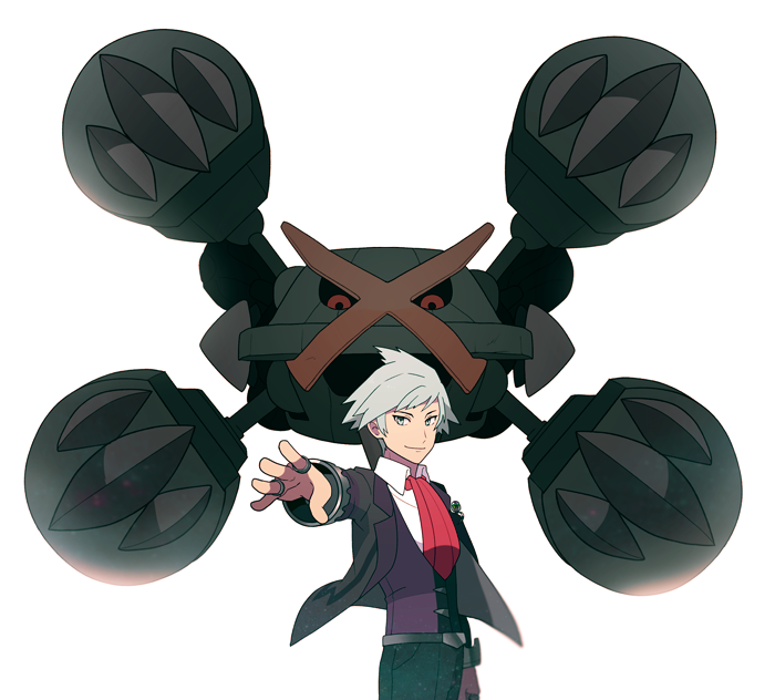 1boy belt belt_buckle black_jacket buckle closed_mouth collared_shirt commentary_request grey_hair jacket jaho jewelry long_sleeves male_focus mega_metagross mega_pokemon metagross necktie open_clothes open_jacket outstretched_arm pants pokemon pokemon_(creature) pokemon_(game) pokemon_oras purple_vest red_necktie ring shirt short_hair smile steven_stone vest white_background white_shirt