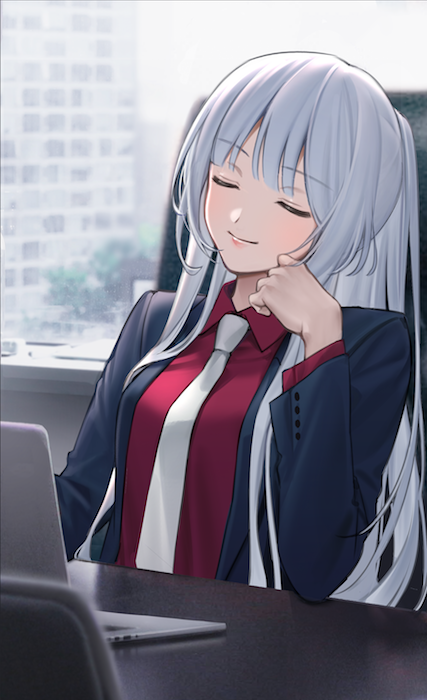 1girl ak-12_(girls_frontline) bangs black_jacket building chair closed_eyes closed_mouth collared_shirt commentary_request computer desk eyebrows_visible_through_hair formal girls_frontline hand_on_own_cheek indoors jacket laptop long_hair partial_commentary red_shirt shirt sidelocks silver_hair sitting smile suit urano_ura white_neckwear window