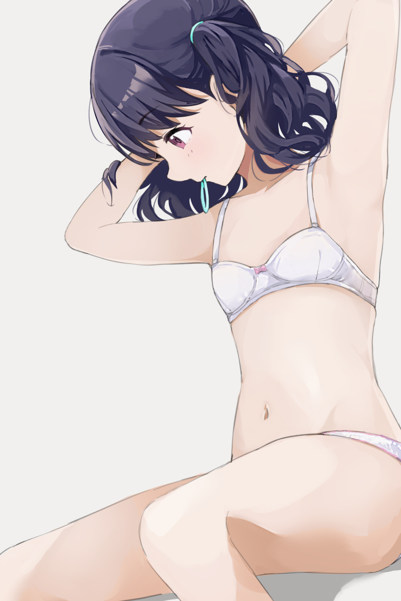 1girl armpits arms_up bangs bare_arms bare_shoulders black_hair bra commentary_request eyebrows_visible_through_hair flat_chest fukumaru_koito grey_background hair_tie highres hiroki_(yyqw7151) idolmaster idolmaster_shiny_colors looking_to_the_side navel panties sitting solo thighs twintails underwear underwear_only violet_eyes white_bra white_panties