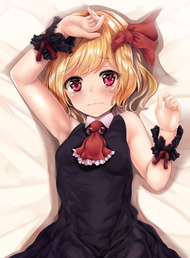1girl arm_up armpits ascot bangs bare_shoulders bed black_dress blonde_hair breasts closed_mouth commentary commentary_request dress eyebrows_visible_through_hair hair_ribbon hand_on_head kerotsupii_deisuku looking_at_viewer lying necktie on_back open_hands red_eyes red_neckwear red_ribbon ribbon rumia sad short_hair sleeveless sleeveless_dress sleeves_past_wrists small_breasts solo tears touhou wavy_mouth wrist_cuffs wristband