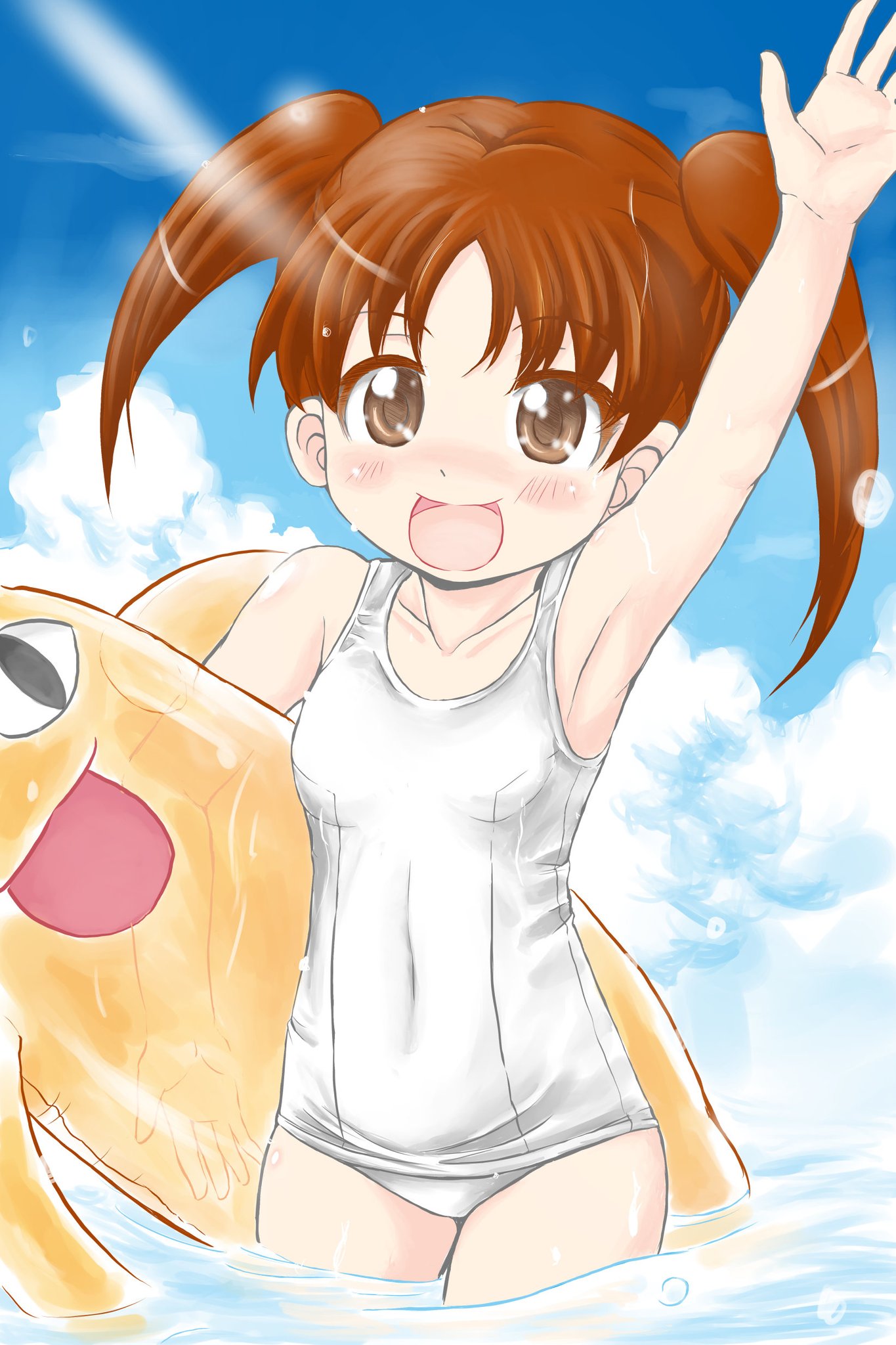 1girl azumanga_daioh blue_sky blue_swimsuit brown_eyes brown_hair chiyo_chichi clouds collarbone cowboy_shot flat_chest highres inflatable_toy kurumaya_maa long_hair looking_at_viewer mihama_chiyo school_swimsuit sky smile solo swimsuit twintails water waving