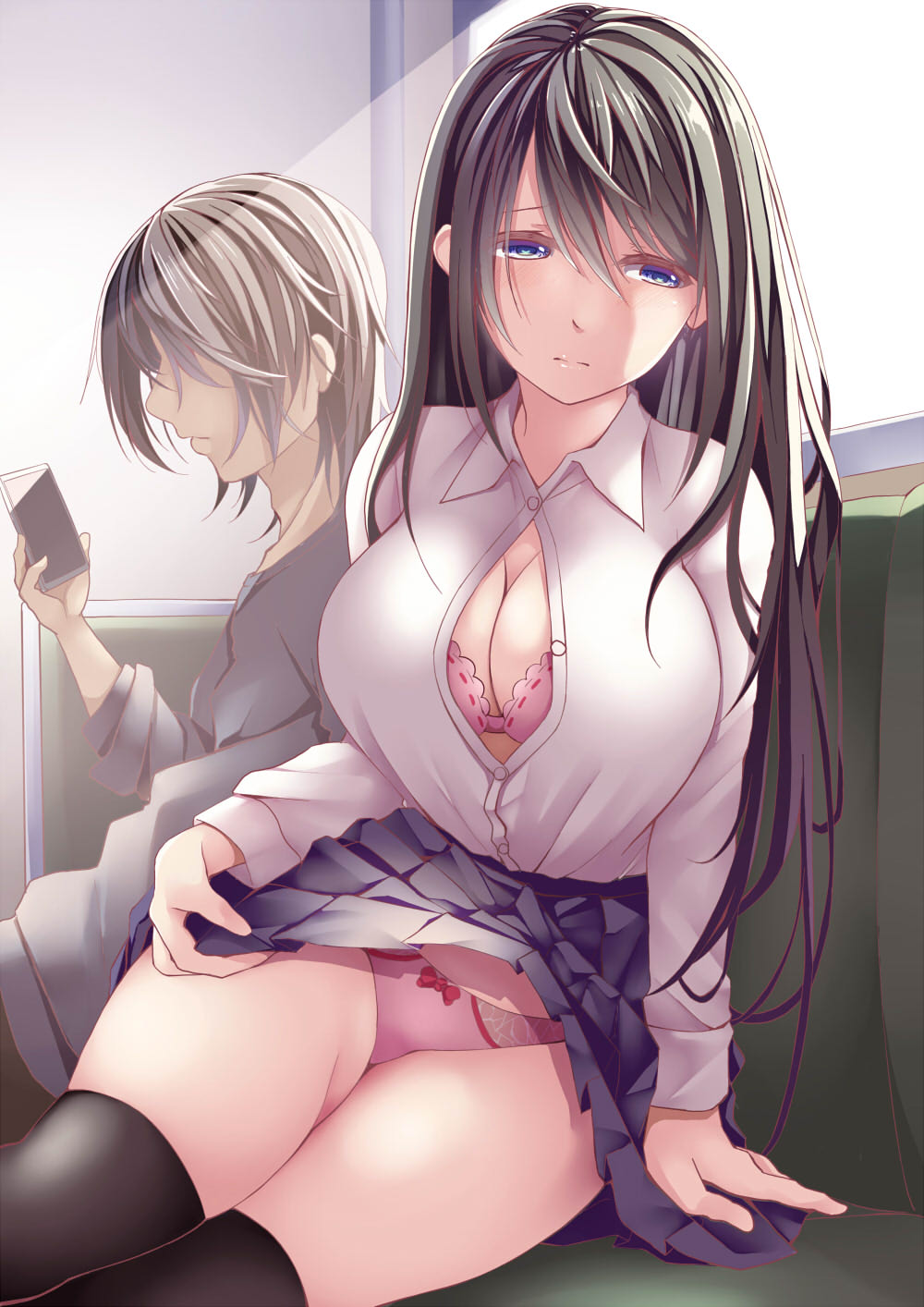 bangs black_hair black_legwear blue_eyes book bow bow_panties bra breasts button_gap cleaver closed_mouth commentary_request creek_(moon-sky) ground_vehicle hair_between_eyes highres holding holding_book long_hair long_sleeves original panties pantyshot pink_panties pleated_skirt shirt sitting skirt skirt_lift train unbuttoned unbuttoned_shirt underwear