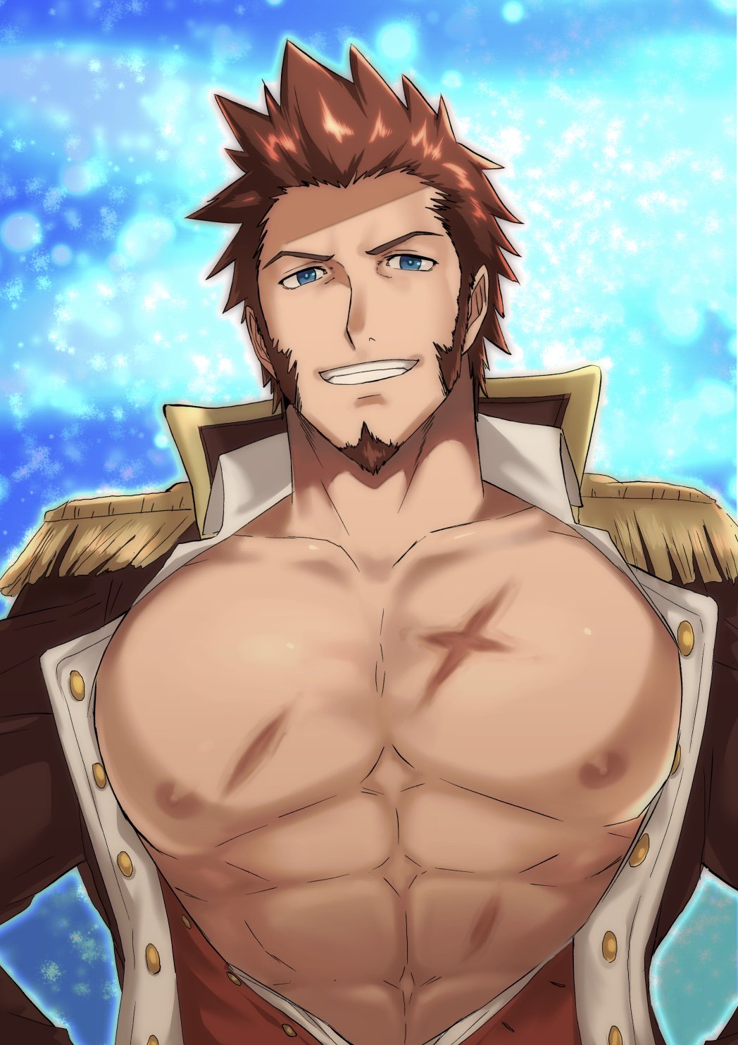 1boy abs bara beard blue_eyes brown_hair bursting_pecs chest collar cropped_torso epaulettes facial_hair fate/grand_order fate_(series) fringe_trim goatee hands_on_hips highres jacket long_sleeves looking_at_viewer male_focus military military_uniform muscle napoleon_bonaparte_(fate/grand_order) niichi21 nipples open_clothes open_jacket open_shirt pectorals scar sideburns simple_background smile solo unbuttoned uniform