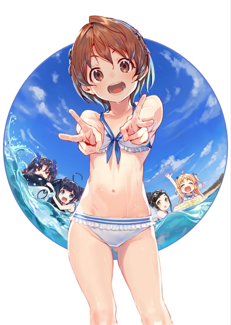 5girls :d afloat ahoge ass_visible_through_thighs bikini blonde_hair blue_bikini blue_sky brown_eyes brown_hair charlotte_izoard clouds cloudy_sky double_bun double_v fisheye framed green_eyes hair_ornament hinatsuru_ai inflatable_orca inflatable_toy innertube looking_at_viewer mizukoshi_mio multiple_girls navel open_mouth parted_lips ryuuou_no_oshigoto! sadatou_ayano sailor_bikini sailor_collar shirabi sky smile solo_focus swimsuit twintails two_side_up v waving wet white_bikini x_hair_ornament yashajin_ai