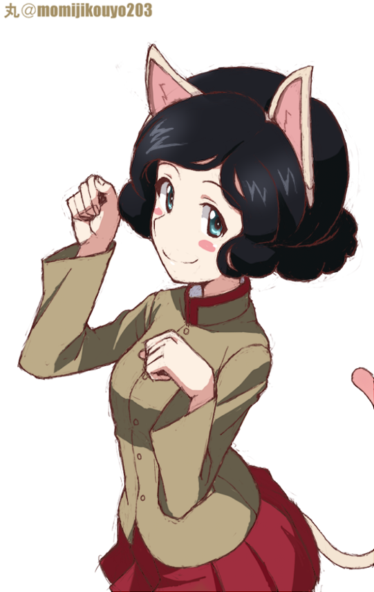 1girl animal_ears artist_name bangs black_hair blush_stickers brown_jacket cat_ears cat_tail chi-hatan_school_uniform closed_mouth commentary curly_hair girls_und_panzer high_collar jacket kayabakoro kemonomimi_mode long_sleeves looking_at_viewer miniskirt paw_pose pleated_skirt red_skirt school_uniform short_hair simple_background skirt smile solo standing swept_bangs tail teramoto_(girls_und_panzer) twitter_username white_background