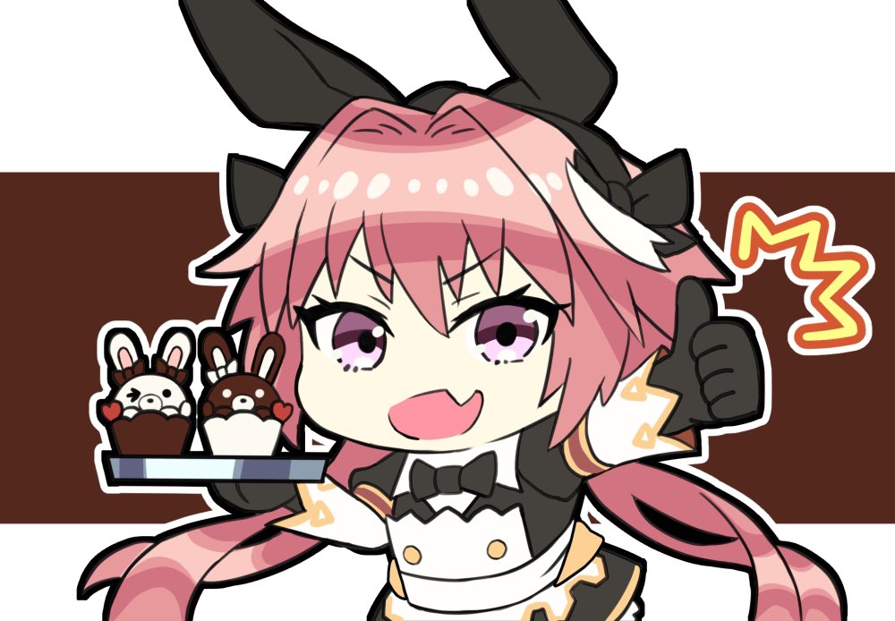 1boy astolfo_(saber)_(fate) beppu_mitsunaka brown_background chibi eyebrows_visible_through_hair fang fate/grand_order fate_(series) long_hair looking_at_viewer multicolored_hair open_mouth otoko_no_ko pink_hair scarf scarf_over_mouth skin_fang solo thumbs_up two-tone_background upper_body white_background white_hair