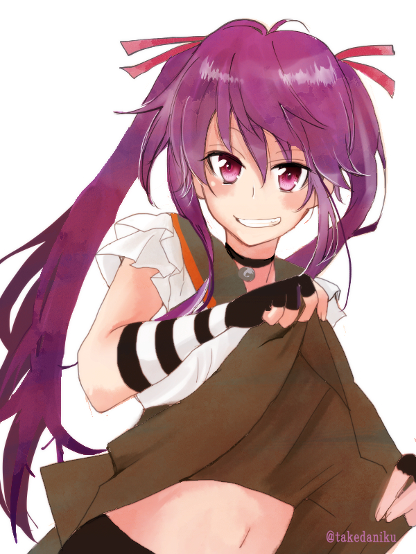 1girl bangs black_choker black_gloves brown_skirt choker ebisuzawa_kurumi eyebrows_visible_through_hair fingerless_gloves floating_hair gakkou_gurashi! gloves green_sailor_collar grin hair_between_eyes hair_ribbon kajii_supana lifted_by_self long_hair looking_at_viewer midriff navel purple_hair red_eyes red_ribbon ribbon sailor_collar shiny shiny_hair shirt simple_background skirt skirt_lift smile solo stomach striped striped_gloves twitter_username very_long_hair watermark white_background white_shirt