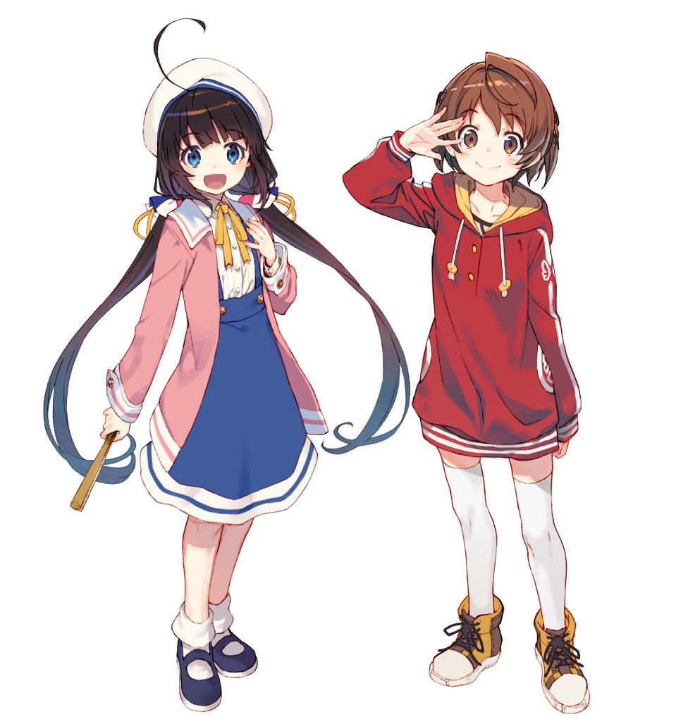 2girls :d ahoge blue_dress blue_eyes blue_hair brown_eyes brown_hair closed_mouth dress eyebrows_visible_through_hair fan folding_fan gradient_hair hand_up hat hinatsuru_ai holding holding_fan jacket long_hair long_sleeves looking_at_viewer low_twintails mizukoshi_mio multicolored_hair multiple_girls open_clothes open_jacket open_mouth pink_jacket purple_footwear red_hoodie ryuuou_no_oshigoto! shirabi shoes simple_background smile thigh-highs twintails very_long_hair white_background white_headwear white_legwear yellow_footwear