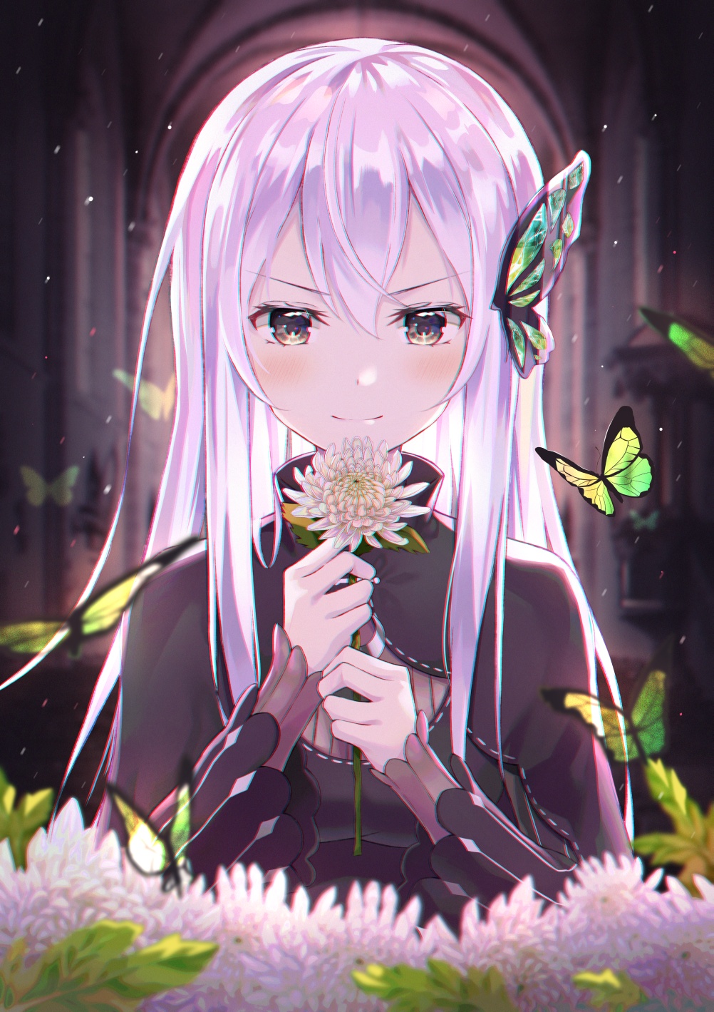 &gt;:) 1girl animal bangs black_capelet black_dress blush brown_eyes bug butterfly butterfly_hair_ornament capelet closed_mouth commentary_request dress echidna_(re:zero) eyebrows_visible_through_hair flower hair_between_eyes hair_ornament hands_up highres holding holding_flower hyonee insect long_hair long_sleeves looking_at_viewer purple_hair re:zero_kara_hajimeru_isekai_seikatsu smile solo upper_body v-shaped_eyebrows white_flower