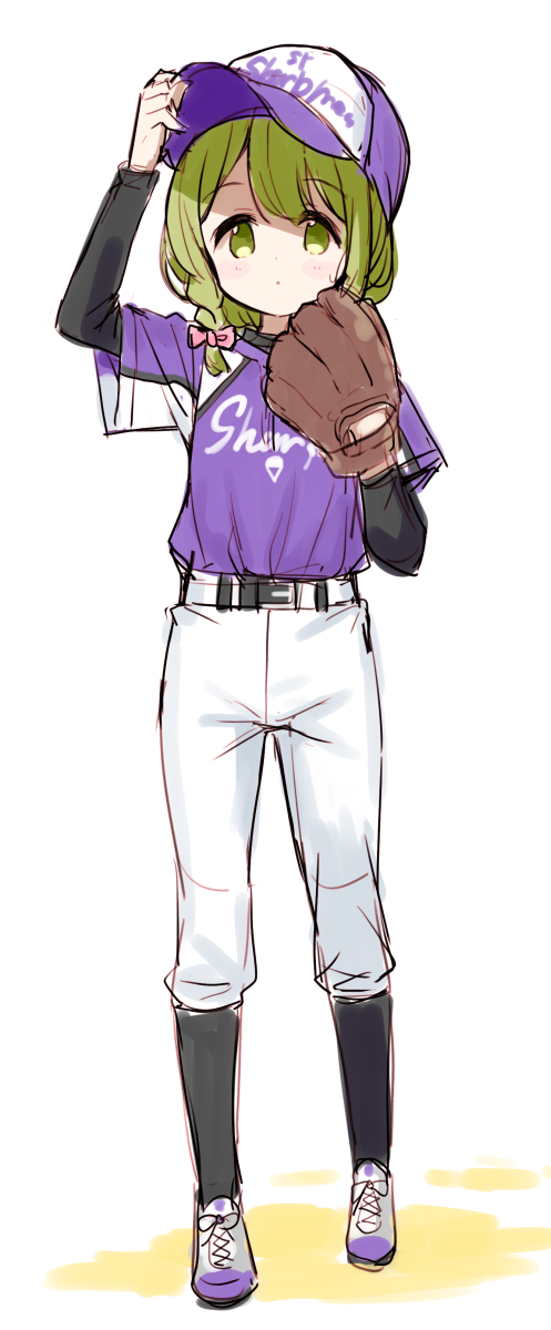 1girl arm_up bangs baseball_cap baseball_mitt baseball_uniform black_legwear blush bow braid closed_mouth colored_shadow eyebrows_visible_through_hair full_body green_eyes green_hair hair_bow hand_on_headwear hat highres kneehighs long_sleeves meito_(maze) morinaka_kazaki nijisanji pants pink_bow purple_headwear purple_shirt shadow shirt shoes short_over_long_sleeves short_sleeves side_braid single_braid solo sportswear standing virtual_youtuber white_background white_footwear white_pants