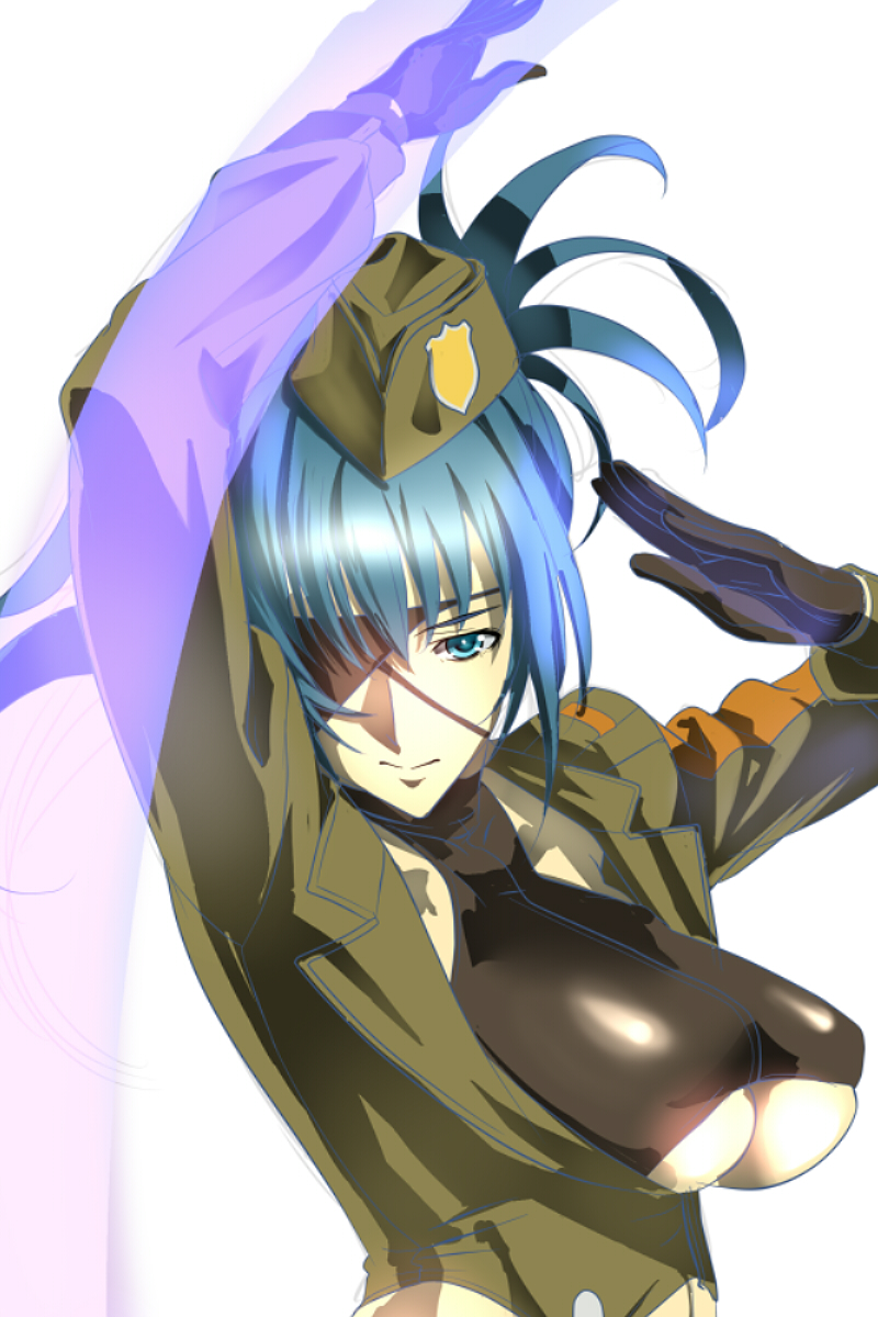 1girl bangs blue_eyes blue_hair boots breasts earrings eyepatch full_body gloves hat highres holster jewelry judgem29 knee_boots leona_heidern military navel patch ponytail smile snk snk_heroines:_tag_team_frenzy soldier solo standing strap the_king_of_fighters thighs thong under_boob