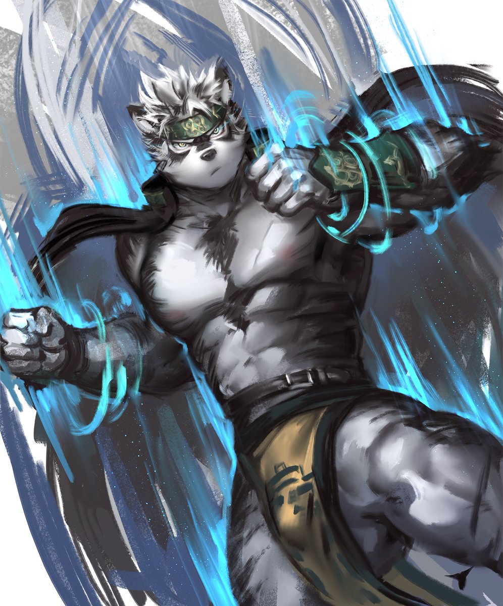 1boy abs animal_ears bara body_hair bulge chest furry grey_hair headband highres horkeu_kamui_(tokyo_houkago_summoners) jacket jacket_on_shoulders jang_ju_hyeon male_focus manly multicolored_hair muscle pectorals revealing_clothes shirtless silver_hair simple_background solo thighs tokyo_houkago_summoners upper_body