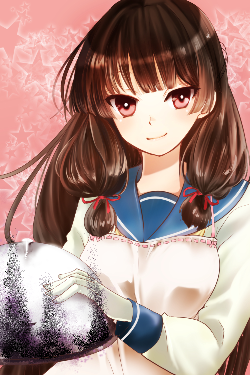 1girl apron bangs blue_sailor_collar blunt_bangs brown_hair closed_mouth gloves hair_ribbon highres holding isokaze_(kantai_collection) kajii_supana kantai_collection long_hair long_sleeves looking_at_viewer pink_background red_eyes red_ribbon ribbon sailor_collar shiny shiny_hair smile solo starry_background sweater upper_body very_long_hair white_apron white_gloves white_sweater