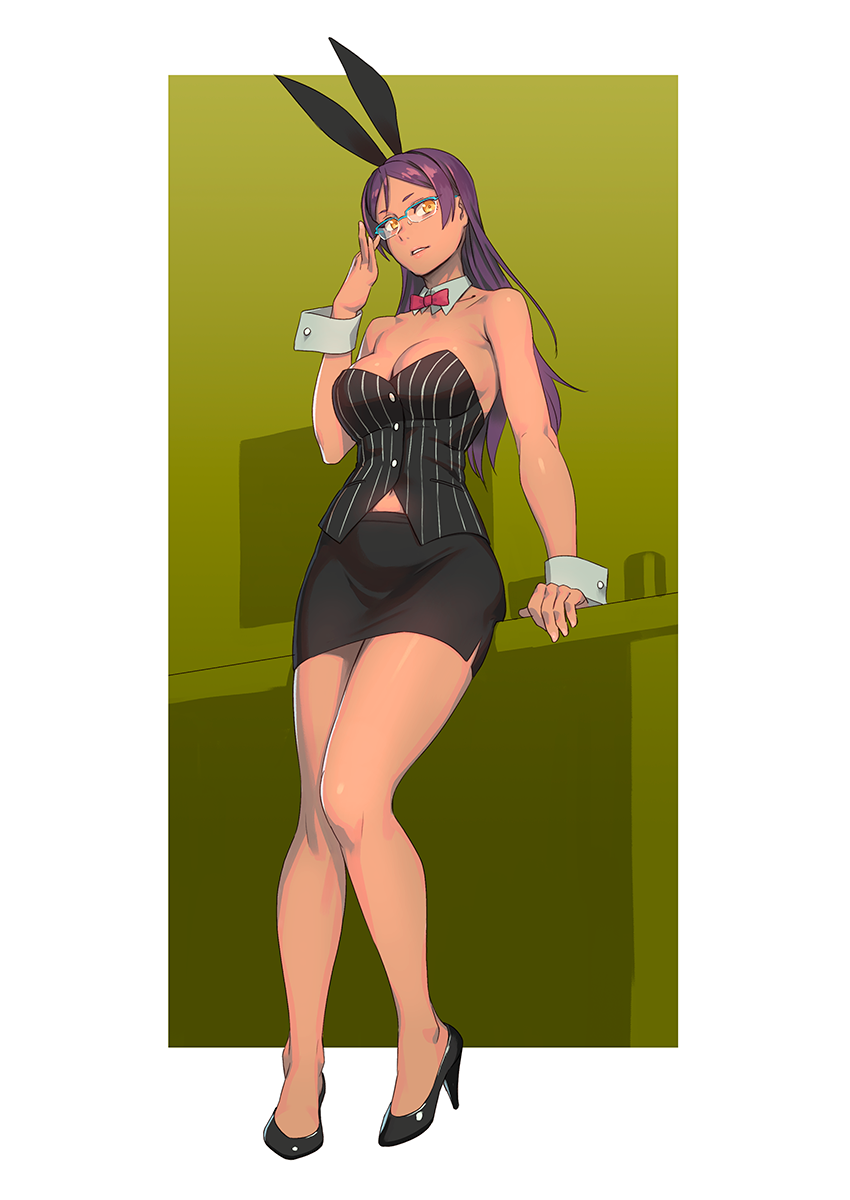1girl animal_ears bare_arms bare_legs bare_shoulders bow bowtie breasts bunny_girl commentary_request dark_skin detached_collar eyebrows_visible_through_hair fake_animal_ears glasses hand_on_eyewear high_heels highres large_breasts long_hair looking_at_viewer original parted_lips pencil_skirt purple_hair rabbit_ears semi-rimless_eyewear simple_background sitting skirt smile solo white_background wrist_cuffs yellow_eyes yuuji_(and)