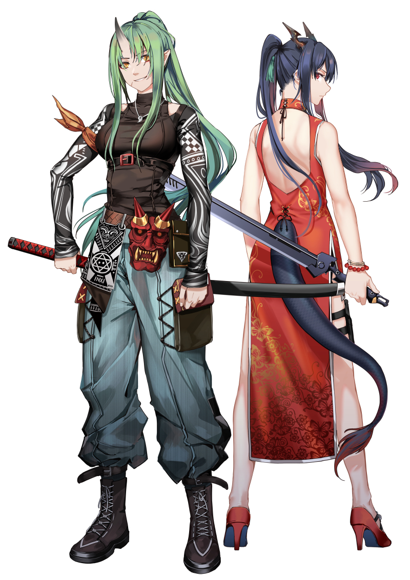 2girls alternate_costume arknights back_cutout bangs bare_shoulders belt black_footwear blue_hair blue_pants boots breasts cargo_pants ch'en_(arknights) china_dress chinese_clothes dragon_horns dragon_tail dress facial_scar green_hair grin hair_between_eyes high_heels holding holding_sword holding_weapon horns hoshiguma_(arknights) iceky large_breasts long_hair looking_at_viewer multiple_girls oni_horns oni_mask pants ponytail red_eyes red_footwear scar scar_on_cheek shirt shorts sidelocks single_horn smile sword tail tail_cutout thighs weapon