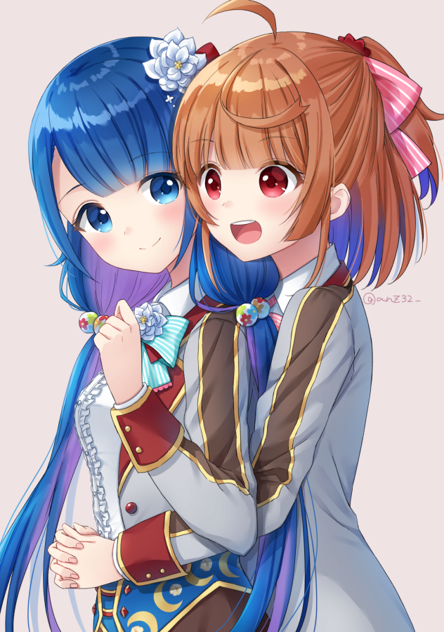2girls :d ahoge anz32 bangs blue_hair bow breasts brown_background brown_hair center_frills closed_mouth collared_shirt commentary_request commission eyebrows_visible_through_hair flower gradient_hair green_bow grey_jacket hair_bobbles hair_bow hair_flower hair_ornament hand_up hug hug_from_behind jacket long_hair long_sleeves low_twintails multicolored_hair multiple_girls open_mouth pink_bow ponytail purple_hair rose setsuna_(shironeko_project) shironeko_project shirt simple_background small_breasts smile striped striped_bow towa_(shironeko_project) twintails twitter_username upper_body upper_teeth very_long_hair white_flower white_rose white_shirt