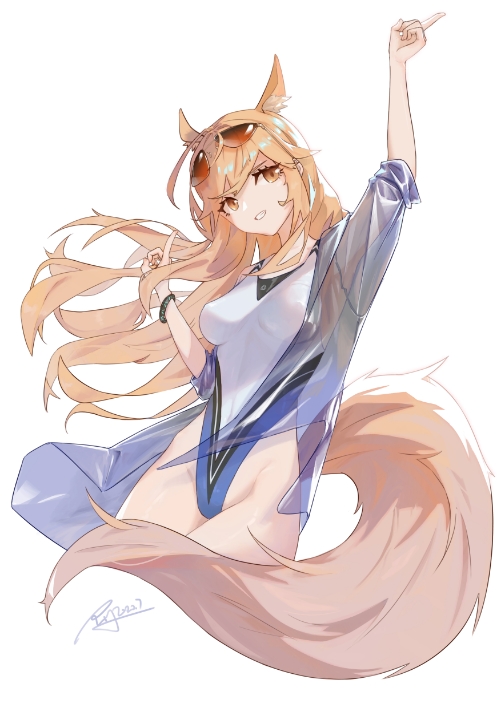 1girl animal_ear_fluff animal_ears arknights arm_up bangs breasts commentary_request eyewear_on_head grin hand_up head_tilt jacket large_tail long_hair looking_at_viewer medium_breasts nearl_(arknights) one-piece_swimsuit open_clothes open_jacket see-through simple_background smile solo sunglasses swimsuit tail very_long_hair white_background white_swimsuit yingxionglaomao