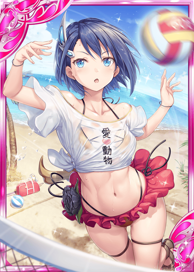 1girl :o akkijin bag ball beach beach_volleyball beachball bikini black_bikini black_flower blue_eyes blue_hair blue_sky clouds cloudy_sky crop_top day duffel_bag flower halterneck looking_at_viewer microskirt midriff motion_blur navel ocean off-shoulder_shirt off_shoulder official_art open_mouth outdoors rose sandals see-through shinkai_no_valkyrie shirt short_hair short_sleeves side-tie_shirt skirt sky solo stomach string_bikini sunlight sweat swimsuit thighs volleyball_net water white_shirt