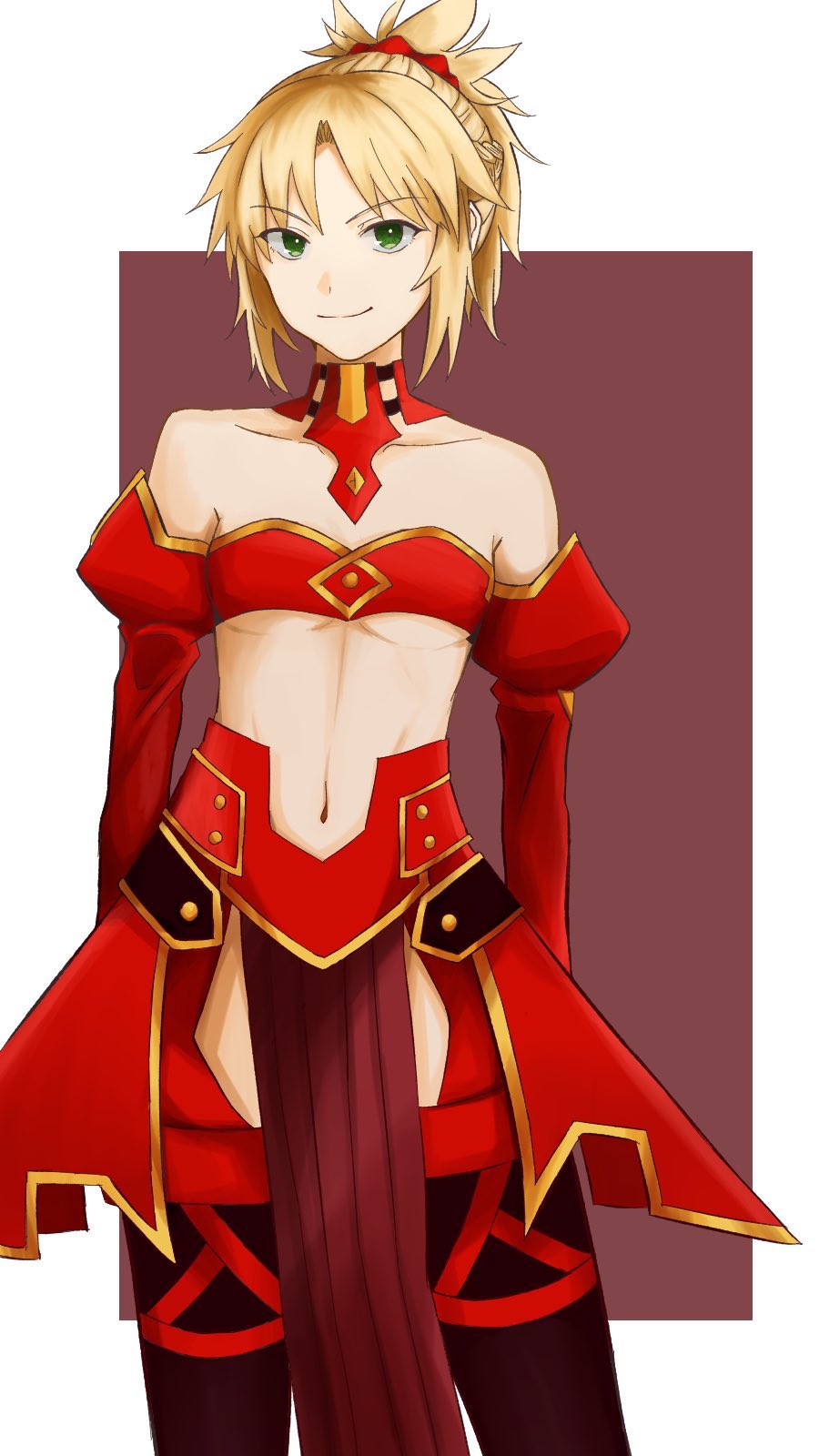 1girl arms_behind_back bare_shoulders border bra braid breasts choker detached_sleeves eyebrows_visible_through_hair fate/grand_order fate_(series) faulds french_braid green_eyes hair_ornament hair_scrunchie highres mordred_(fate) mordred_(fate)_(all) navel pelvic_curtain purple_background rasuku red_bra red_scrunchie red_sleeves scrunchie small_breasts smile thigh-highs underwear white_border