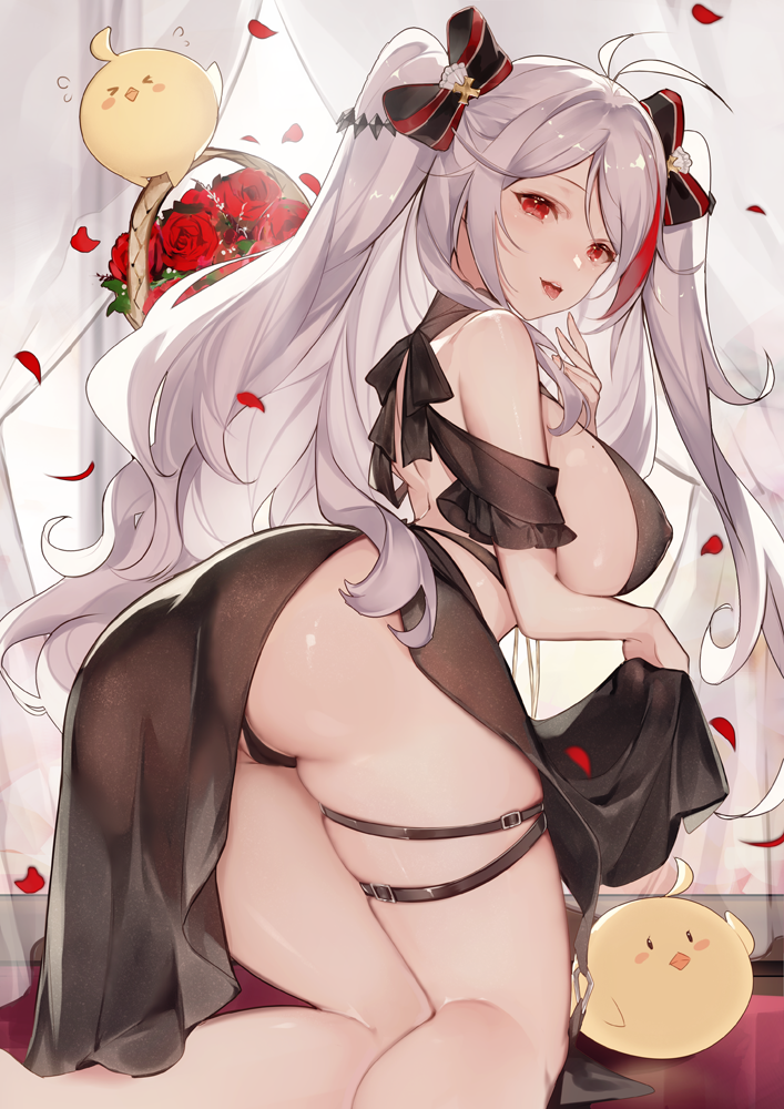 1girl alternate_costume antenna_hair ass azur_lane bangs bare_shoulders black_dress black_panties blush bow breasts brown_eyes covered_nipples dress from_behind hair_between_eyes hand_to_own_mouth kneeling large_breasts long_hair looking_at_viewer looking_back manjuu_(azur_lane) mole mole_on_breast multicolored_hair open_mouth panties pantyshot prinz_eugen_(azur_lane) prinz_eugen_(cordial_cornflower)_(azur_lane) redhead shiny shiny_skin silver_hair solo streaked_hair thigh-highs thigh_strap thighs tongue tongue_out two_side_up underwear very_long_hair vhumiku