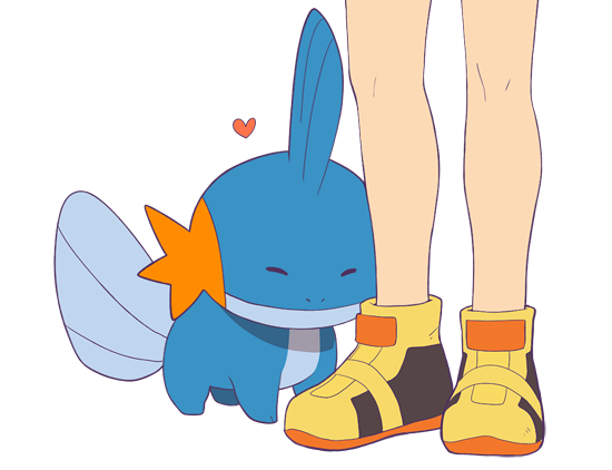 1girl closed_eyes closed_mouth commentary_request cuddling heart jaho knees lower_body may_(pokemon) mudkip multicolored_footwear orange_footwear pokemon pokemon_(creature) pokemon_(game) pokemon_oras shoes standing white_background yellow_footwear