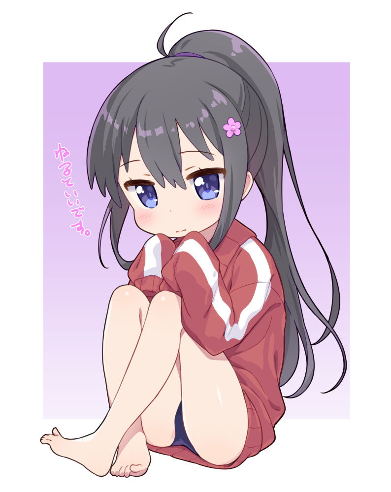 1girl bangs bare_legs barefoot black_hair blue_eyes blue_swimsuit blush closed_mouth crossed_ankles eyebrows_visible_through_hair flower full_body gradient gradient_background hair_between_eyes hair_flower hair_ornament hands_up high_ponytail jacket jigatei_(omijin) knees_up long_hair long_sleeves looking_at_viewer pink_background pink_flower pointy_ears ponytail purple_background red_jacket shirosaki_hana sitting sleeves_past_fingers sleeves_past_wrists solo swimsuit swimsuit_under_clothes track_jacket translation_request very_long_hair watashi_ni_tenshi_ga_maiorita! white_background